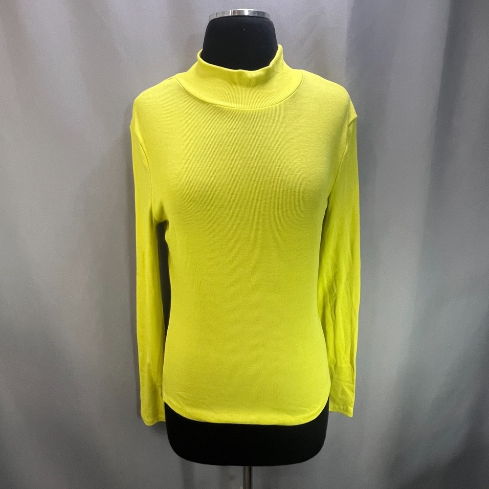 Lush Ribbed Blouse Top Womens Medium Neon Yellow Stretch Long Sleeve Mock Neck